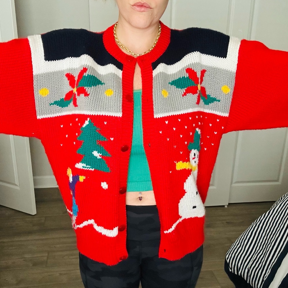 Classic Red Holiday Cardigan with Festive Designs